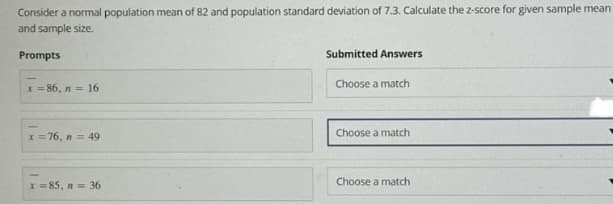 Consider a normal population mean of 82 and population standard deviation of 7.3. Calculate the z-score for given sample mean
and sample size.
Prompts
-
x=86, n = 16
x=76, n = 49
x = 85, n = 36
Submitted Answers
Choose a match
Choose a match
Choose a match