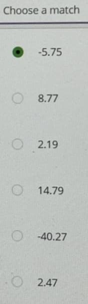 Choose a match
-5.75
8.77
2.19
14.79
-40.27
2.47