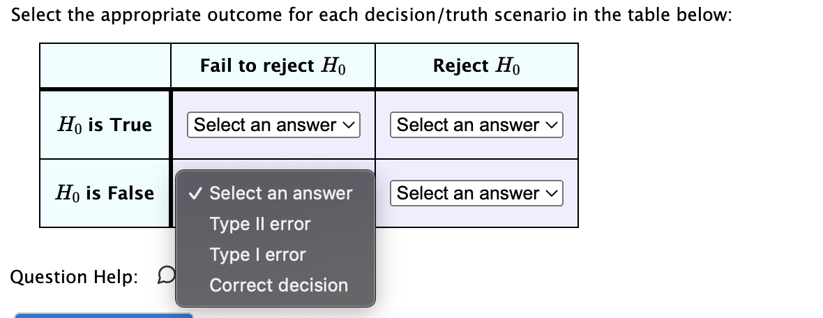 Select the appropriate outcome for each decision/truth scenario in the table below:
Fail to reject Ho
Ho is True
Ho is False
Question Help:
Select an answer ✓
✓ Select an answer
Type II error
Type I error
Correct decision
Reject Ho
Select an answer ✓
Select an answer ✓