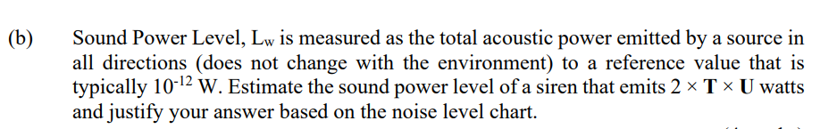 (b)
Sound Power Level, Lw is measured as the total acoustic power emitted by a source in
all directions (does not change with the environment) to a reference value that is
typically 10-12 W. Estimate the sound power level of a siren that emits 2 x T × U watts
and justify your answer based on the noise level chart.
