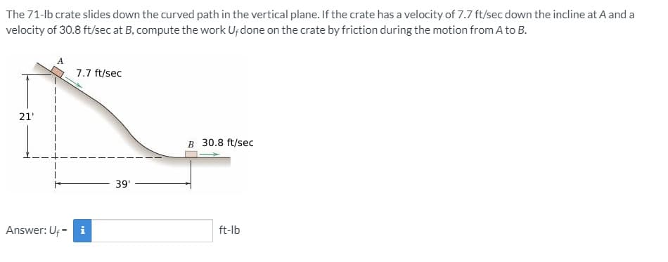 The 71-lb crate slides down the curved path in the vertical plane. If the crate has a velocity of 7.7 ft/sec down the incline at.A and a
velocity of 30.8 ft/sec at B, compute the work U; done on the crate by friction during the motion from A to B.
7.7 ft/sec
21'
B 30.8 ft/sec
39'
Answer: Uf = i
ft-lb
