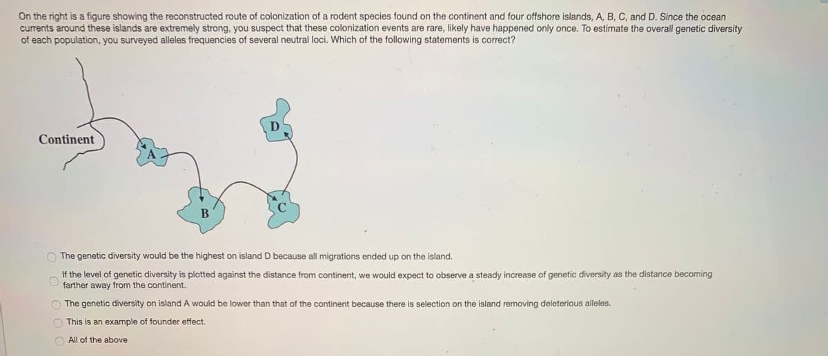 On the right is a figure showing the reconstructed route of colonization of a rodent species found on the continent and four offshore islands, A, B, C, and D. Since the ocean
currents around these islands are extremely strong, you suspect that these colonization events are rare, likely have happened only once. To estimate the overall genetic diversity
of each population, you surveyed alleles frequencies of several neutral loci. Which of the following statements is correct?
D
Continent
B
The genetic diversity would be the highest on island D because all migrations ended up on the island.
If the level of genetic diversity is plotted against the distance from continent, we would expect to observe a steady increase of genetic diversity as the distance becoming
farther away from the continent.
The genetic diversity on island A would be lower than that of the continent because there is selection on the island removing deleterious alleles.
This is an example of founder effect.
All of the above
