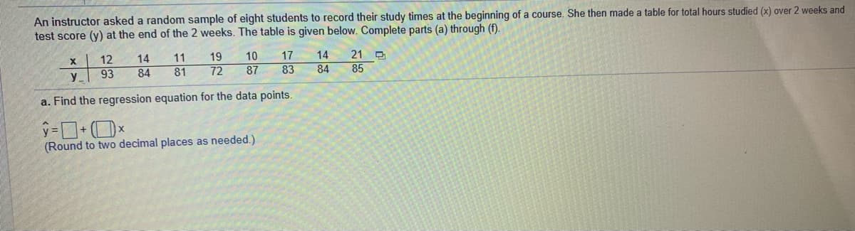 An instructor asked a random sample of eight students to record their study times at the beginning of a course. She then made a table for total hours studied (x) over 2 weeks and
test score (y) at the end of the 2 weeks. The table is given below. Complete parts (a) through (f).
12
14
11
19
10
17
14
21 O
y
93
84
81
72
87
83
84
85
a. Find the regression equation for the data points.
(Round to two decimal places as needed.)
