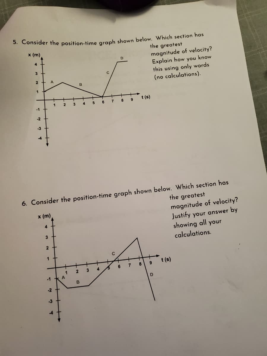 5. Consider the position-time graph shown below. Which section has
the greatest
magnitude of velocity?
Explain how you know
this using only words
(no calculations).
x (m),
3
2
1
-1
-2
-3
x (m)
4
3
A
2
1
-1
1
-2 +
-3
-4
2
6. Consider the position-time graph shown below. Which section has
the greatest
magnitude of velocity?
Justify your answer by
showing all your
calculations.
+
1
3
A
B
2
4
B
5
3
6
4
7
+
D
C
8 9
6
t(s)
7
+
8
9
D
t(s)