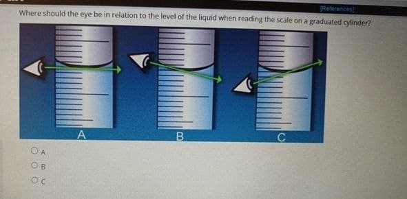 References]
Where should the eye be in relation to the level of the liquid when reading the scale on a graduated cylinder?
A
B
A
000
OB
Ос