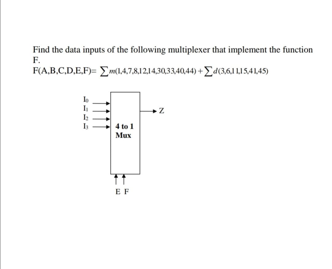 Find the data inputs of the following multiplexer that implement the function
F.
F(A,B,C,D,E,F)= Em(1,4,7,8,12,14,30,33,40,44) +£d(3,6,11,15,41,45)
Io
I2
I3
4 to 1
Mux
E F
