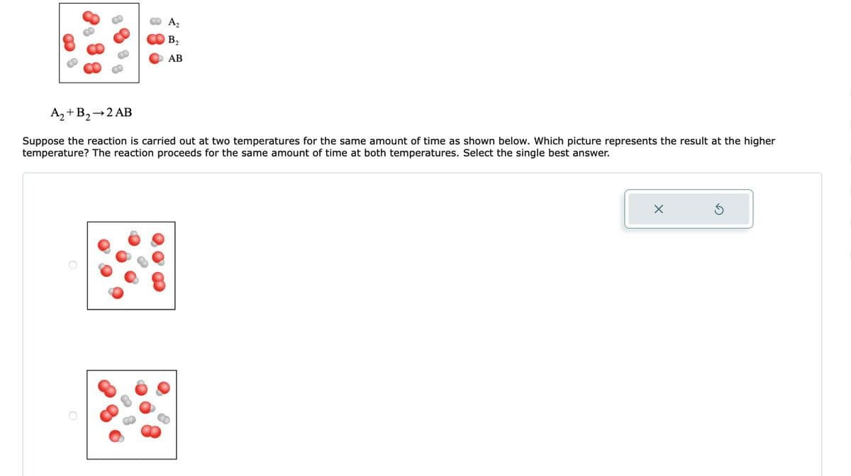 A₂
B₂
AB
A₂+ B₂ → 2 AB
Suppose the reaction is carried out at two temperatures for the same amount of time as shown below. Which picture represents the result at the higher
temperature? The reaction proceeds for the same amount of time at both temperatures. Select the single best answer.
X
Ś
