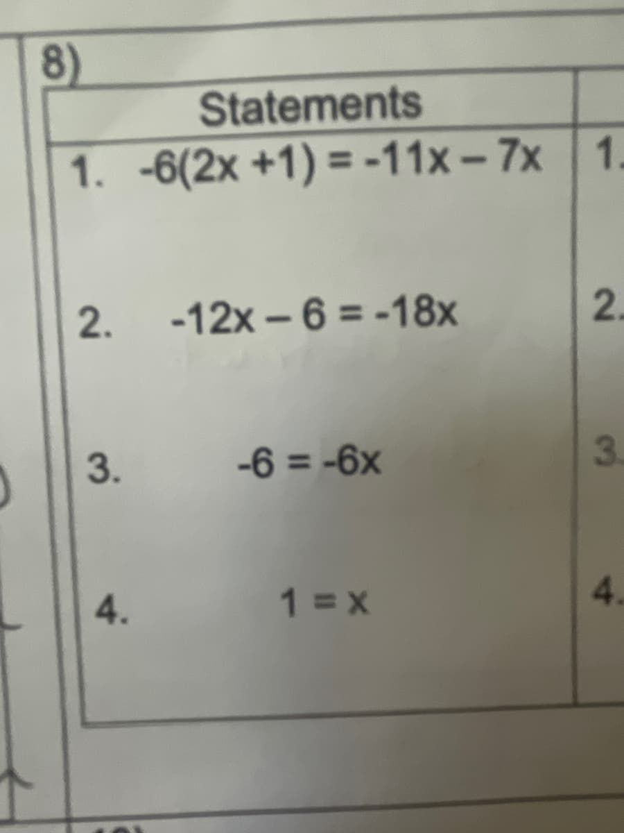 8)
Statements
1. -6(2x +1) = -11x – 7x 1.
2.
-12x – 6 = -18x
2.
-6 = -6x
3.
4.
1 =X
4.
3.
