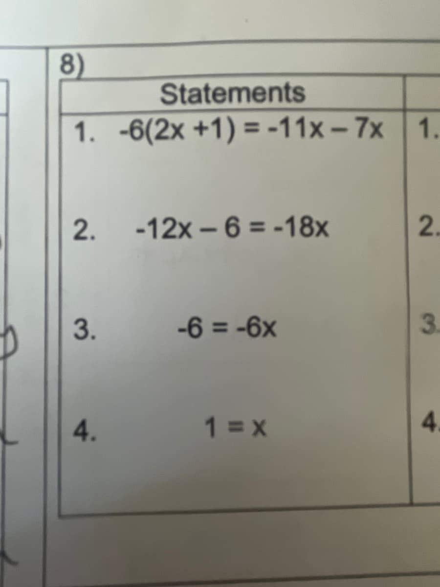 8)
Statements
1. -6(2x +1) = -11x – 7x 1.
%3D
2.
-12x - 6 = -18x
2.
3.
-6 = -6x
3.
4.
1 = x
4.
