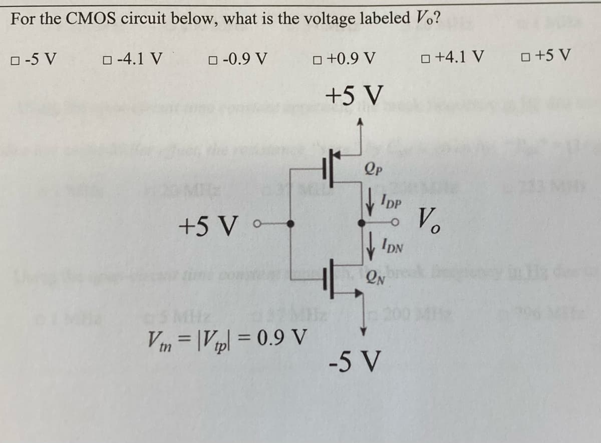 For the CMOS circuit below, what is the voltage labeled Vo?
0-5 V
-0.9 V
☐ -4.1 V
+5 V
Vtn = |Vtpl = 0.9 V
+0.9 V
+5 V
ОР
Ipp
IDN
ON
-5 V
☐ +4.1 V +5 V
Vo