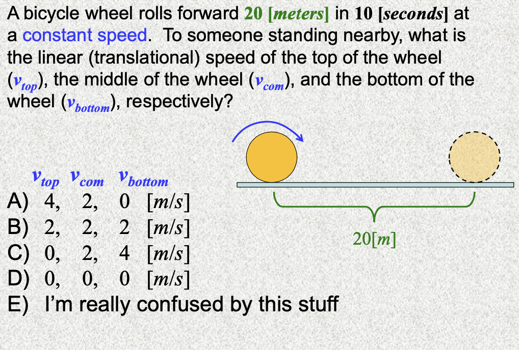 A bicycle wheel rolls forward 20 [meters] in 10 [seconds] at
a constant speed. To someone standing nearby, what is
the linear (translational) speed of the top of the wheel
(vron), the middle of the wheel (vom), and the bottom of the
wheel (vortom), respectively?
соm
Vtop Vcon
A) 4, 2, 0 [m/s]
B) 2, 2, 2 [m/s]
C) 0, 2, 4 [m/s]
D) 0, 0, 0 [m/s]
E) I'm really confused by this stuff
com Vbottom
20[m]
