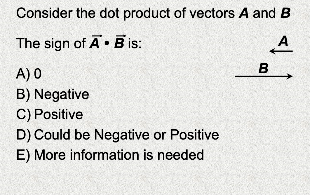 Consider the dot product of vectors A and B
The sign of A • B is:
A
A) 0
B) Negative
C) Positive
D) Could be Negative or Positive
E) More information is needed
