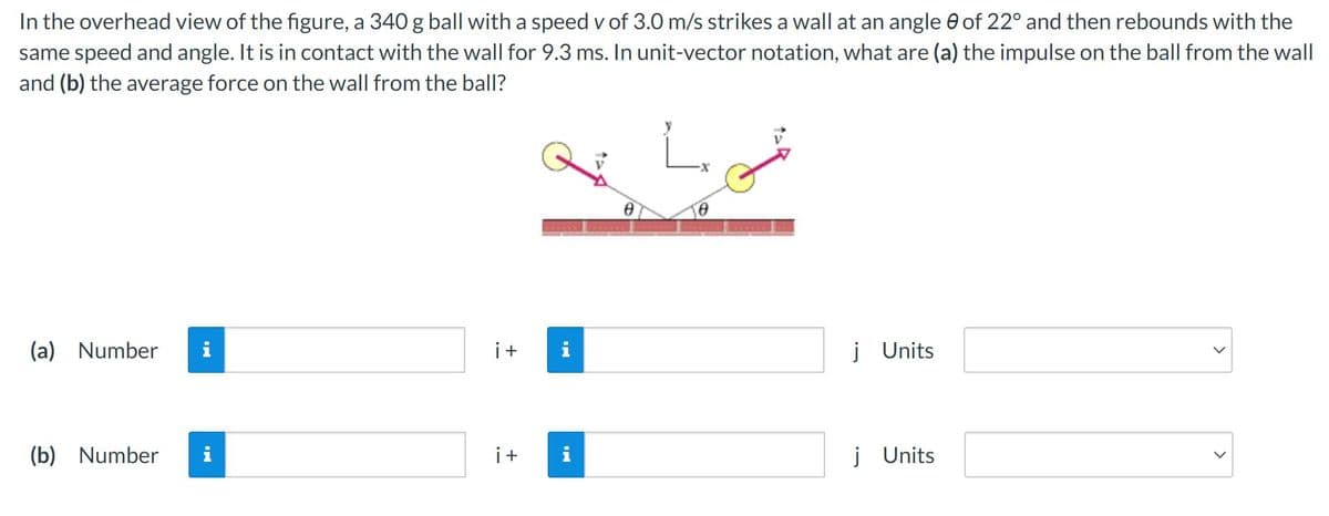 In the overhead view of the figure, a 340 g ball with a speed v of 3.0 m/s strikes a wall at an angle of 22° and then rebounds with the
same speed and angle. It is in contact with the wall for 9.3 ms. In unit-vector notation, what are (a) the impulse on the ball from the wall
and (b) the average force on the wall from the ball?
(a) Number
(b) Number i
i+
A
j Units
i+
j Units
>
>