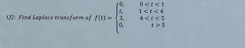 0,
t,
Q2: Find Laplace transform of f(t) = 3,
E
0,
0 < t <1
1 < t <4
4<t<5
t> 5