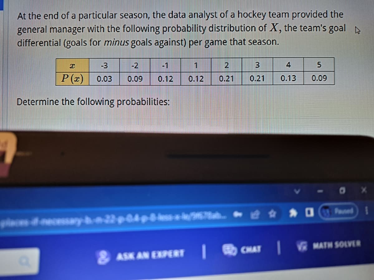 At the end of a particular season, the data analyst of a hockey team provided the
general manager with the following probability distribution of X, the team's goal
differential (goals for minus goals against) per game that season.
T
-3
P(x) 0.03
Determine the following probabilities:
-2
0.09
-1
0.12
1
0.12
2
0.21
places necessary-b-n-22-p-04-p-8-less/967ab...
& ASK AN EXPERT |
3
4
0.21 0.13
5
0.09
Paned
| CHAT | MATH SOLVER
1