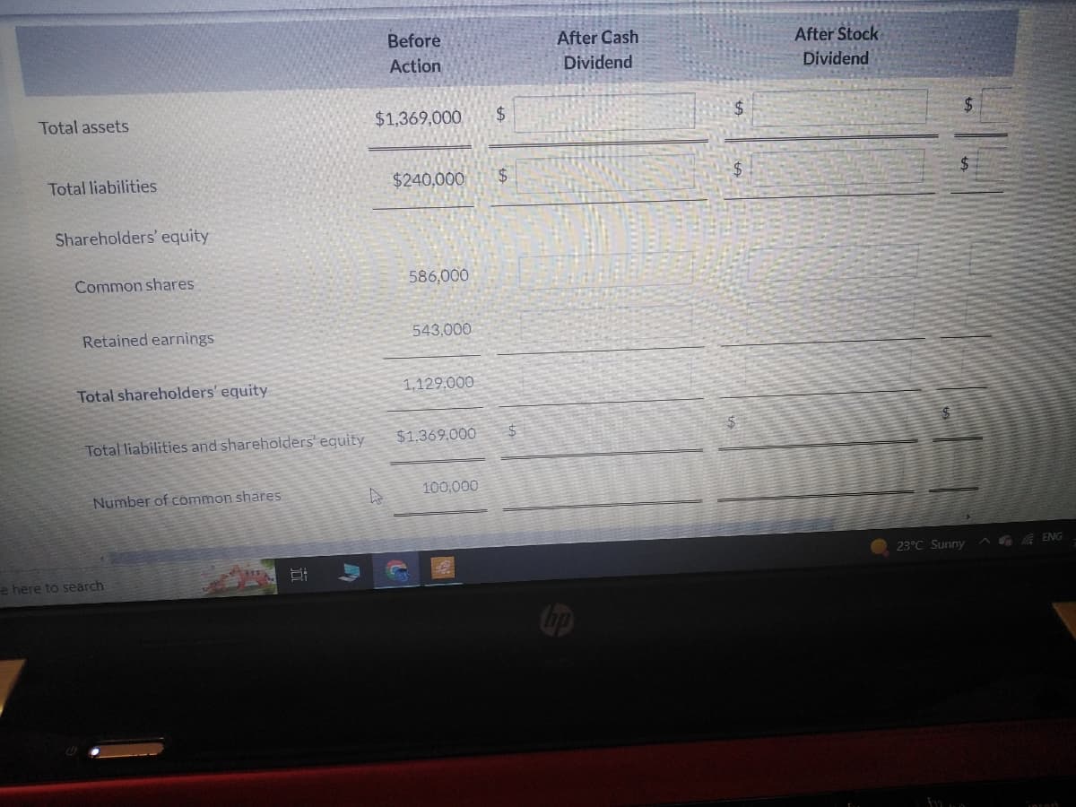 Total assets
Total liabilities
Shareholders' equity
Common shares
Retained earnings
Total shareholders' equity
Total liabilities and shareholders' equity
Number of common shares
e here to search
5:
Before
Action
$1,369,000
D
$240,000
586,000
543,000
1,129.000
$1.369.000
100,000
$
$
$
After Cash
Dividend
$
After Stock
Dividend
23°C Sunny
mun
^ ENG