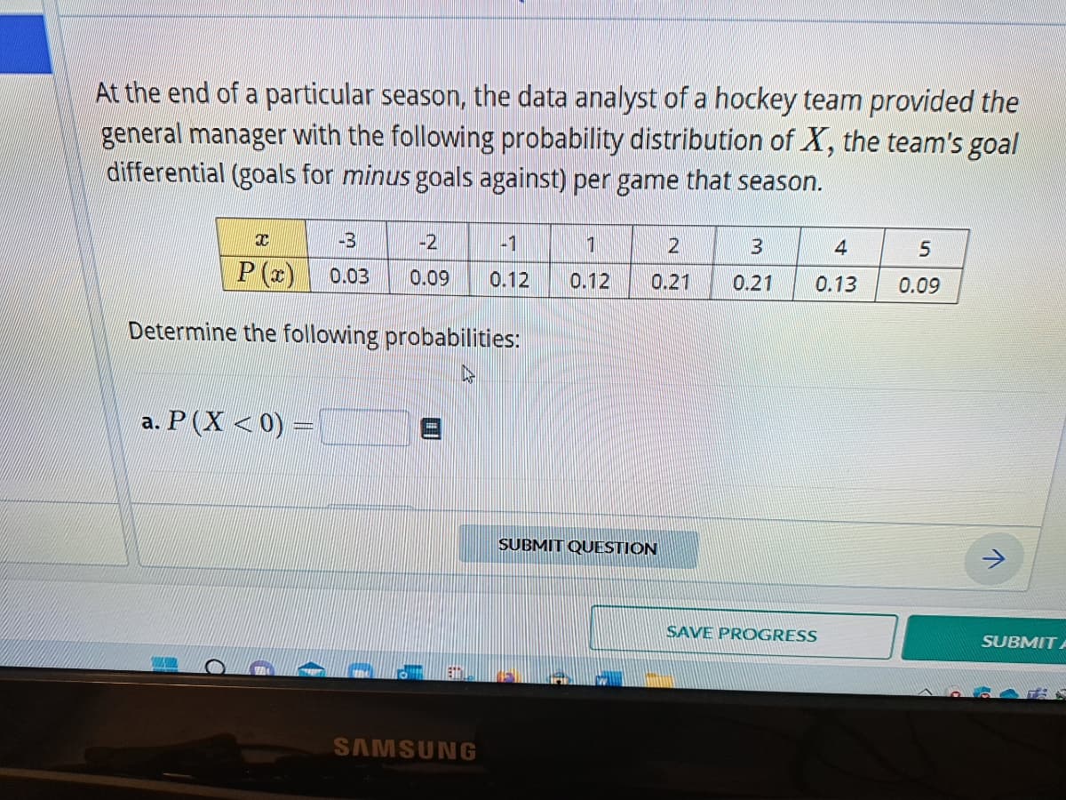 At the end of a particular season, the data analyst of a hockey team provided the
general manager with the following probability distribution of X, the team's goal
differential (goals for minus goals against) per game that season.
I
-3
P(x) 0.03
Determine the following probabilities:
a. P (X < 0) =
-2
0.09
SAMSUNG
-1
1
2
0.12 0.12 0.21
SUBMIT QUESTION
3
0.21
4
5
0.13 0.09
SAVE PROGRESS
SUBMIT A