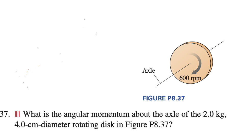 Axle
600 rpm
FIGURE P8.37
37. What is the angular momentum about the axle of the 2.0 kg,
4.0-cm-diameter rotating disk in Figure P8.37?