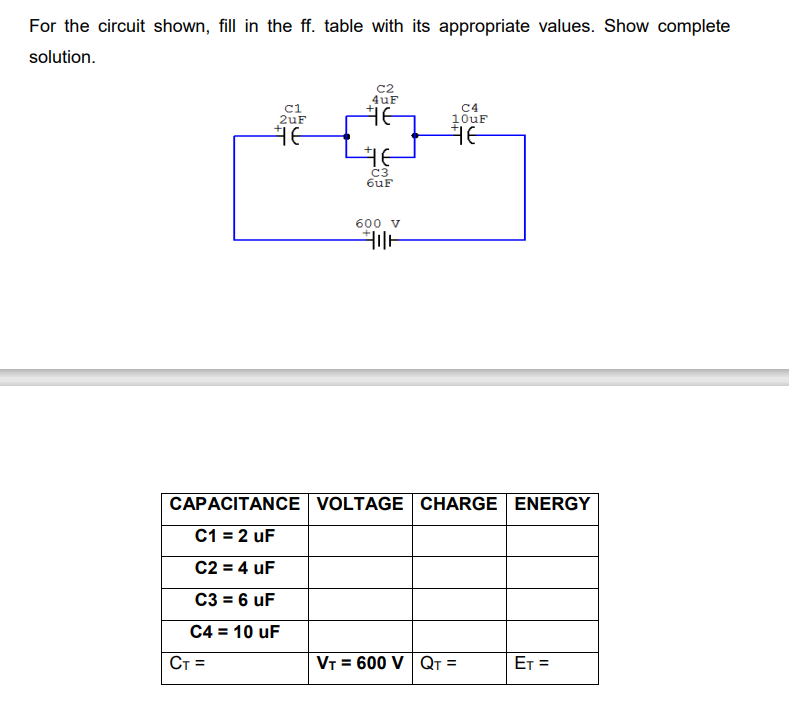 For the circuit shown, fill in the ff. table with its appropriate values. Show complete
solution.
C2
4uF
ci
ZuF
C4
10uF
C3
6uF
600 v
CAPACITANCE VOLTAGE CHARGE ENERGY
C1 = 2 uF
C2 = 4 uF
C3 = 6 uF
C4 = 10 uF
CT =
VT = 600 V Qt =
ET =

