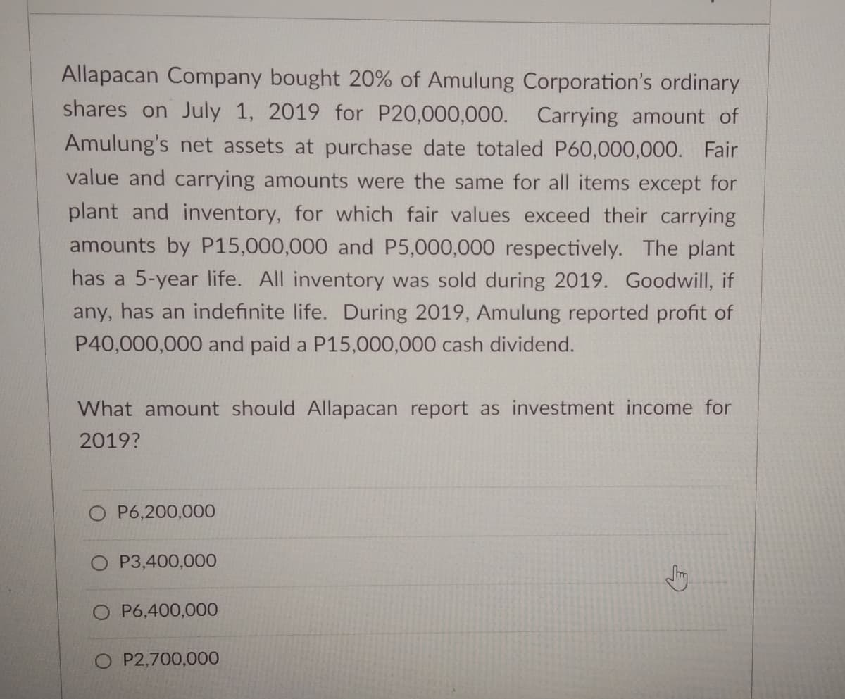 Allapacan Company bought 20% of Amulung Corporation's ordinary
shares on July 1, 2019 for P20,000,00O. Carrying amount of
Amulung's net assets at purchase date totaled P60,000,000. Fair
value and carrying amounts were the same for all items except for
plant and inventory, for which fair values exceed their carrying
amounts by P15,000,000 and P5,000,000 respectively. The plant
has a 5-year life. All inventory was sold during 2019. Goodwill, if
any, has an indefinite life. During 2019, Amulung reported profit of
P40,000,000 and paid a P15,000,000 cash dividend.
What amount should Allapacan report as investment income for
2019?
O P6,200,000
O P3,400,000
O P6,400,000
P2,700,000
