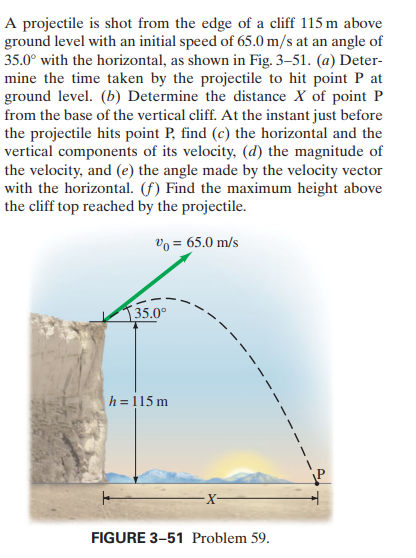 A projectile is shot from the edge of a cliff 115 m above
ground level with an initial speed of 65.0 m/s at an angle of
35.0° with the horizontal, as shown in Fig. 3–51. (a) Deter-
mine the time taken by the projectile to hit point P at
ground level. (b) Determine the distance X of point P
from the base of the vertical cliff. At the instant just before
the projectile hits point P, find (c) the horizontal and the
vertical components of its velocity, (d) the magnitude of
the velocity, and (e) the angle made by the velocity vector
with the horizontal. (f) Find the maximum height above
the cliff top reached by the projectile.
vo = 65.0 m/s
35.0°
h = 115 m
X-
FIGURE 3-51 Problem 59.
