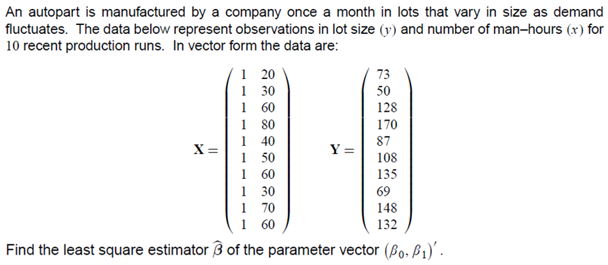 An autopart is manufactured by a company once a month in lots that vary in size as demand
fluctuates. The data below represent observations in lot size (v) and number of man-hours (x) for
10 recent production runs. In vector form the data are:
1 20
1 30
1 60
1 80
1 40
1 50
1 60
73
50
128
170
87
X =
Y =
108
135
1
30
69
1 70
1 60
148
132
Find the least square estimator 3 of the parameter vector (Bo, ß1)' .
