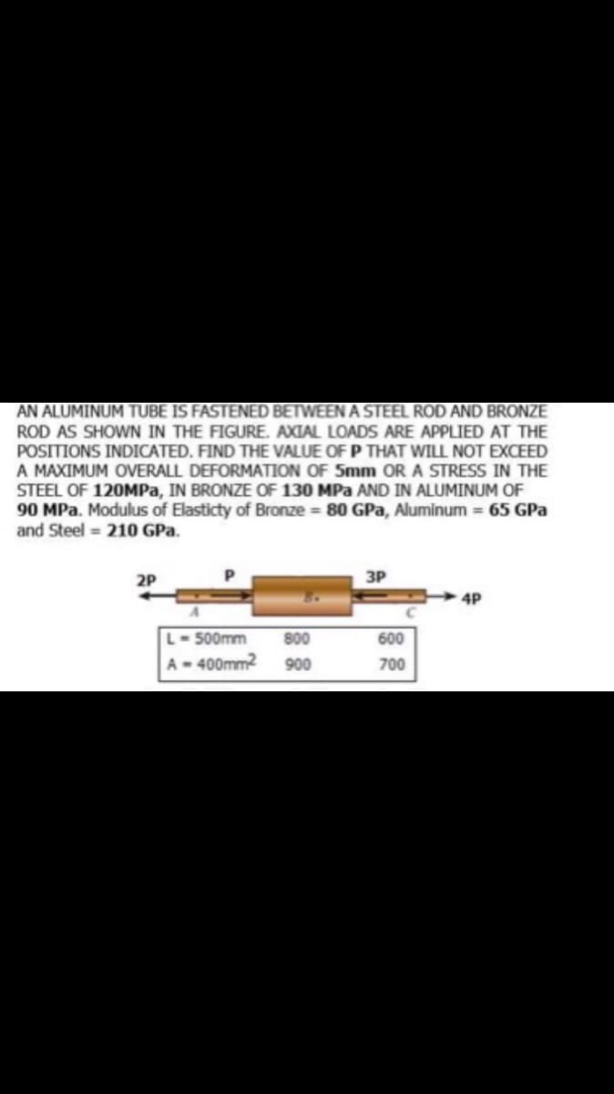 AN ALUMINUM TUBE IS FASTENED BETWEEN A STEEL ROD AND BRONZE
ROD AS SHOWN IN THE FIGURE. AXIAL LOADS ARE APPLIED AT THE
POSITIONS INDICATED. FIND THE VALUE OF P THAT WILL NOT EXCEED
A MAXIMUM OVERALL DEFORMATION OF 5mm OR A STRESS IN THE
STEEL OF 120MPa, IN BRONZE OF 130 MPa AND IN ALUMINUM OF
90 MPa. Modulus of Elasticty of Bronze = 80 GPa, Aluminum= 65 GPa
and Steel = 210 GPa.
2P
3P
4P
L-500mm 800
A-400mm2 900
600
700