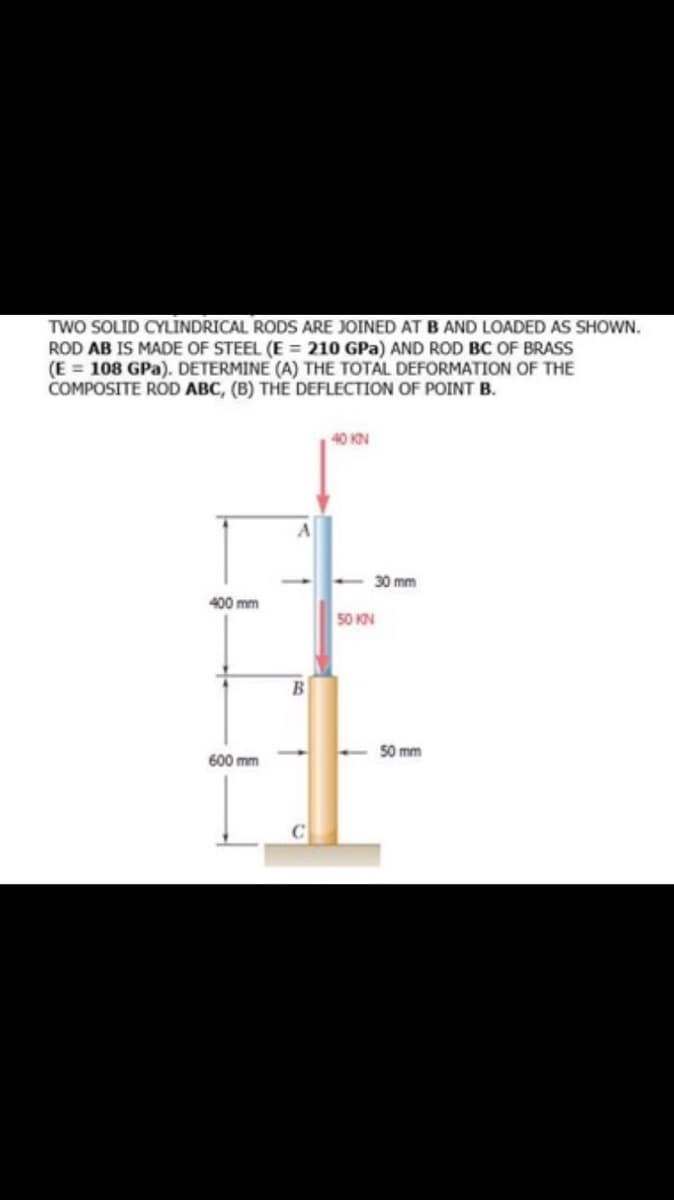 TWO SOLID CYLINDRICAL RODS ARE JOINED AT B AND LOADED AS SHOWN.
ROD AB IS MADE OF STEEL (E = 210 GPa) AND ROD BC OF BRASS
(E = 108 GPa). DETERMINE (A) THE TOTAL DEFORMATION OF THE
COMPOSITE ROD ABC, (B) THE DEFLECTION OF POINT B.
40 KN
<-30 mm
400 mm
50 KN
600 mm
B
50 mm