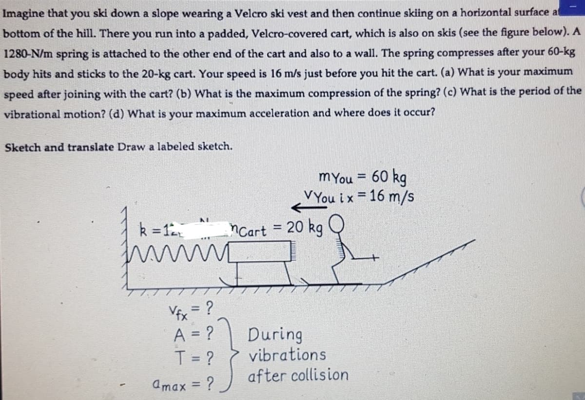 Imagine that you ski down a slope wearing a Velcro ski vest and then continue skiing on a horizontal surface a
bottom of the hill. There you run into a padded, Velcro-covered cart, which is also on skis (see the figure below). A
1280-N/m spring is attached to the other end of the cart and also to a wall. The spring compresses after your 60-kg
body hits and sticks to the 20-kg cart. Your speed is 16 m/s just before you hit the cart. (a) What is your maximum
speed after joining with the cart? (b) What is the maximum compression of the spring? (c) What is the period of the
vibrational motion? (d) What is your maximum acceleration and where does it occur?
Sketch and translate Draw a labeled sketch.
mYou = 60 kg
VYou i x = 16 m/s
%3D
k =1
Cart = 20 kg Q
Vix = ?
A = ?
T = ?
During
vibrations
after collision
%3D
amax = ?
