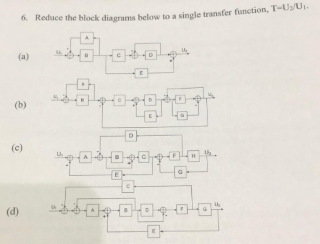 6. Reduce the block diagrams below to a single transfer function, T=U2/Ui.
A
(a)
A.
B
(b)
E
D.
(c)
U2
B
F
H.
E
Uz
G.
(d)
B
