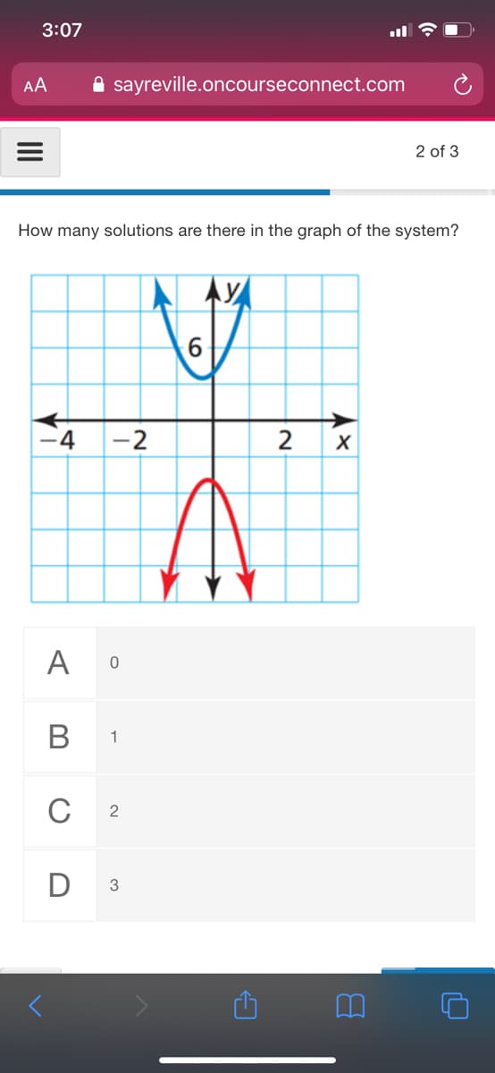 3:07
AA
A sayreville.oncourseconnect.com
2 of 3
How many solutions are there in the graph of the system?
-2
A O
В
1
С 2
D 3
