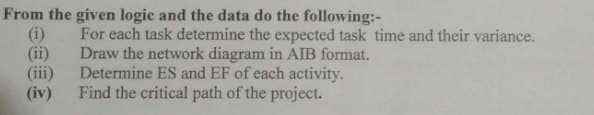 From the given logic and the data do the following:-
(i)
(ii)
(iii)
(iv)
For each task determine the expected task time and their variance.
Draw the network diagram in AIB format.
Determine ES and EF of each activity.
Find the critical path of the project.