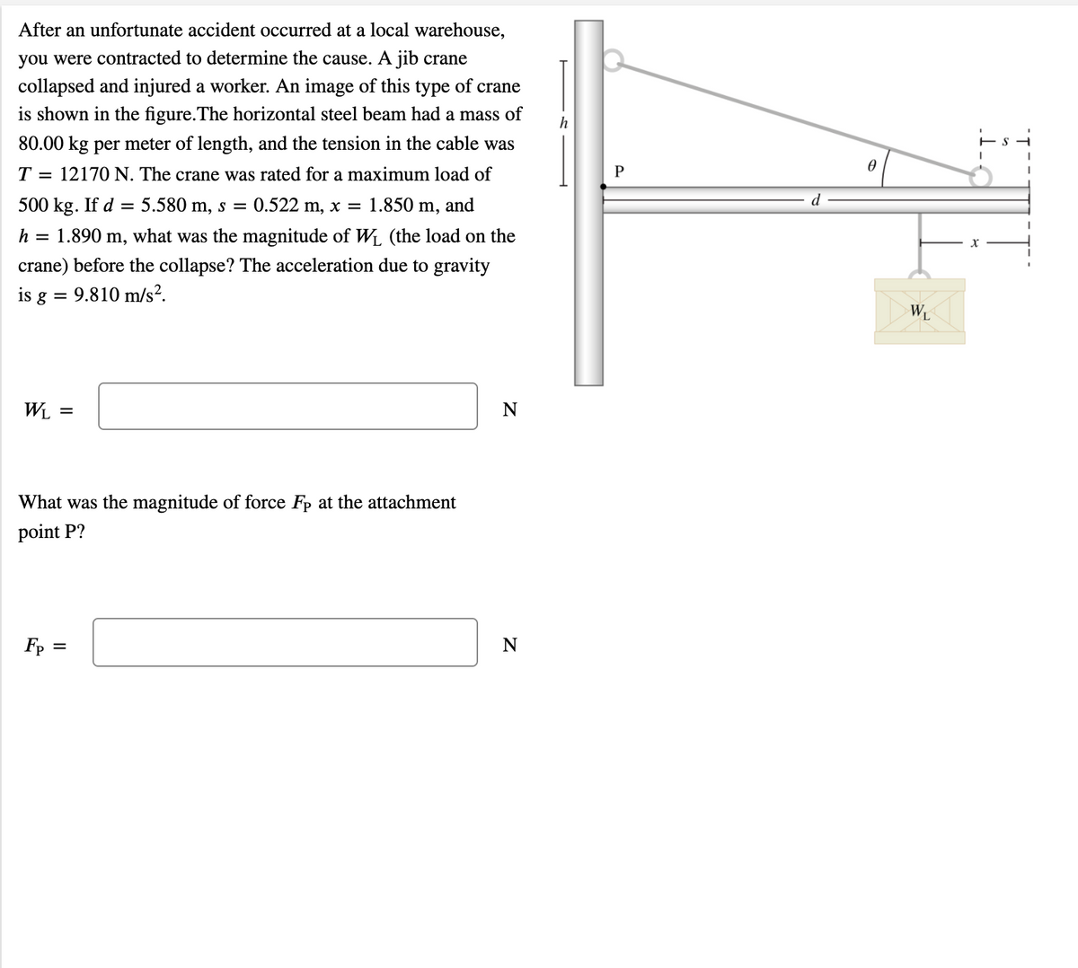 After an unfortunate accident occurred at a local warehouse,
you were contracted to determine the cause. A jib crane
collapsed and injured a worker. An image of this type of crane
is shown in the figure.The horizontal steel beam had a mass of
h
80.00 kg per meter of length, and the tension in the cable was
T
= 12170 N. The crane was rated for a maximum load of
d
500 kg. If d
5.580 m, s = 0.522 m, x = 1.850 m,
and
h =
1.890 m, what was the magnitude of WL (the load on the
crane) before the collapse? The acceleration due to gravity
is g = 9.810 m/s².
WL
WL =
N
What was the magnitude of force Fp at the attachment
point P?
Fp
N
