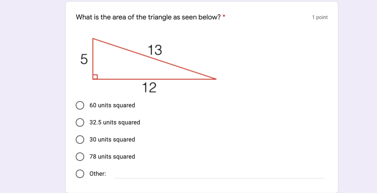 What is the area of the triangle as seen below? *
1 point
13
12
60 units squared
32.5 units squared
30 units squared
O 78 units squared
O Other:
LO
