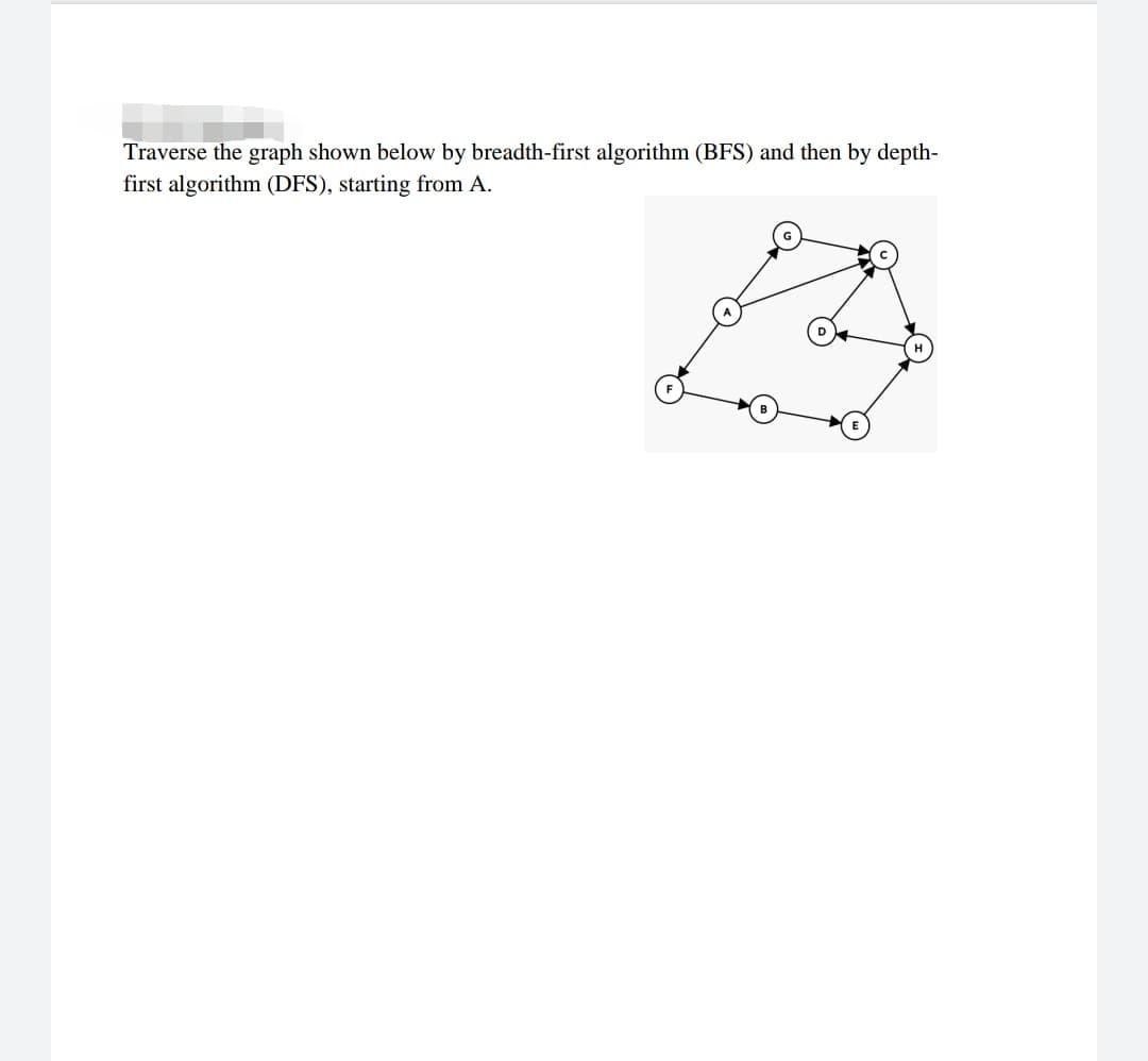 Traverse the graph shown below by breadth-first algorithm (BFS) and then by depth-
first algorithm (DFS), starting from A.
