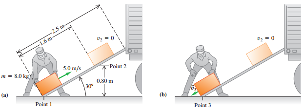 -2.5 m-
1.6 m
2 = 0
U2 = 0
m = 8.0 kg
5.0 m/s
Point 2
0.80 m
30
(a)
Point 1
(b)
Point 3
