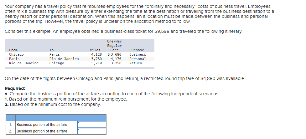 Your company has a travel policy that reimburses employees for the "ordinary and necessary" costs of business travel. Employees
often mix a business trip with pleasure by either extending the time at the destination or traveling from the business destination to a
nearby resort or other personal destination. When this happens, an allocation must be made between the business and personal
portions of the trip. However, the travel policy is unclear on the allocation method to follow.
Consider this example. An employee obtained a business-class ticket for $9,598 and traveled the following itinerary.
From
Chicago
Paris
Rio de Janeiro
To
Paris
Rio de Janeiro
Chicago
1.
2.
Miles
4,120
5,780
5,210
Business portion of the airfare
Business portion of the airfare
One-Way
Regular
Fare
$ 3,680
4,170
3,250
On the date of the flights between Chicago and Paris (and return), a restricted round-trip fare of $4,880 was available.
Required:
a. Compute the business portion of the airfare according to each of the following independent scenarios:
1. Based on the maximum reimbursement for the employee.
2. Based on the minimum cost to the company.
Purpose
Business
Personal
Return
