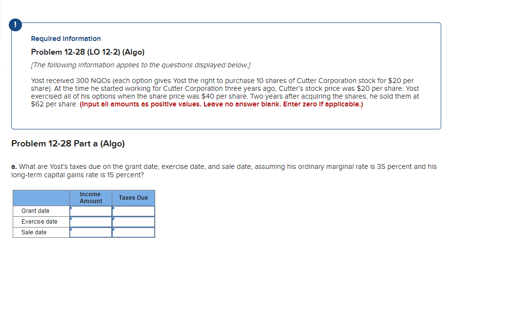 Required Information
Problem 12-28 (LO 12-2) (Algo)
[The following information applies to the questions displayed below.]
Yost received 300 NQOS (each option gives Yost the right to purchase 10 shares of Cutter Corporation stock for $20 per
share). At the time he started working for Cutter Corporation three years ago, Cutter's stock price was $20 per share. Yost
exercised all of his options when the share price was $40 per share. Two years after acquiring the shares, he sold them at
$62 per share. (Input all amounts as positive values. Leave no answer blank. Enter zero if applicable.)
Problem 12-28 Part a (Algo)
a. What are Yost's taxes due on the grant date, exercise date, and sale date, assuming his ordinary marginal rate is 35 percent and his
long-term capital gains rate is 15 percent?
Grant date
Exercise date
Sale date
Income
Amount
Taxes Due