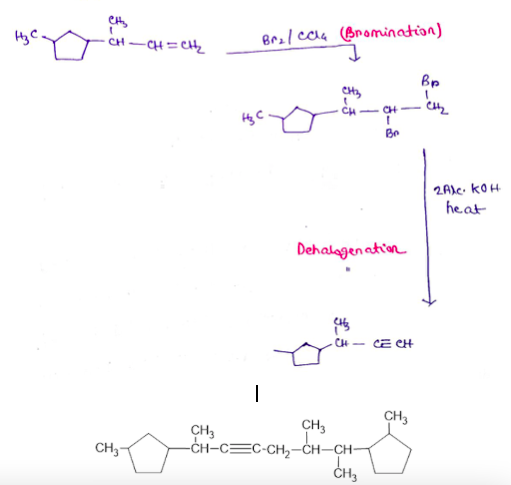 Hz C.
енз
CH-CH=CH₂
CH3
Brz/ Cola (Bromination)
Bp
CH₂
CH-CH-
1
Bo
H₂C
Dehalogenation
CH₂
CH-CECH
CH3
S
CH3
CH3
-CH-C=C-CH₂-CH-CH-
CH3
CH₂
2Alc. KOH
he at