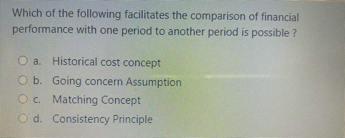 Which of the following facilitates the comparison of financial
performance with one period to another period is possible ?
O a.
Historical cost concept
O b. Going concern Assumption
O c. Matching Concept
O d. Consistency Principle
