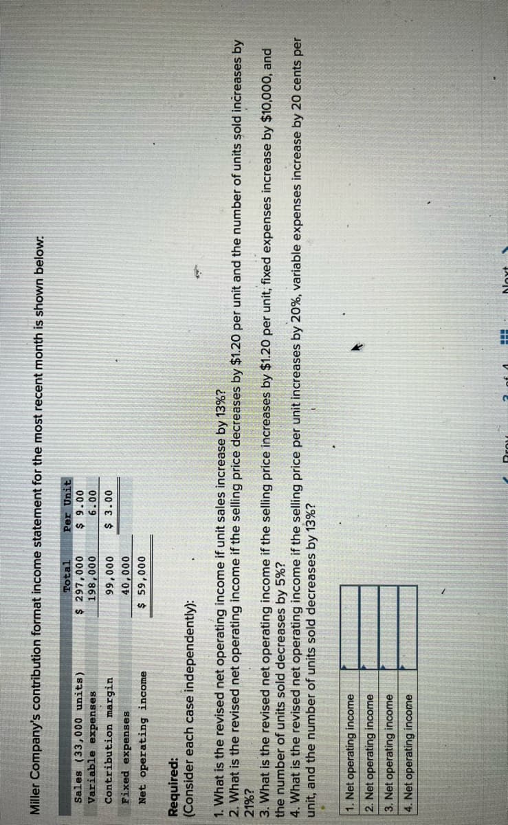 Miller Company's contribution format income statement for the most recent month is shown below:
Per Unit
$ 9.00
6.00
$ 3.00
Sales (33,000 units)
Variable expenses
Contribution margin
Fixed expenses
Net operating income
Total
$ 297,000
198,000
99,000
40,000
$ 59,000
Required:
(Consider each case independently):
1. What is the revised net operating income if unit sales increase by 13%?
2. What is the revised net operating income if the selling price decreases by $1.20 per unit and the number of units sold increases by
21%?
3. What is the revised net operating income if the selling price increases by $1.20 per unit, fixed expenses increase by $10,000, and
the number of units sold decreases by 5%?
4. What is the revised net operating income if the selling price per unit increases by 20%, variable expenses increase by 20 cents per
unit, and the number of units sold decreases by 13%?
1. Net operating income
2. Net operating income
3. Net operating income
4. Net operating income
#
Noxt