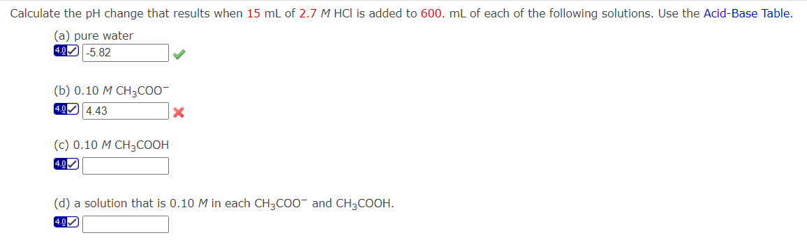 Calculate the pH change that results when 15 mL of 2.7 M HCI is added to 600. mL of each of the following solutions. Use the Acid-Base Table.
(a) pure water
4.0 -5.82
(b) 0.10 M CH3COO-
4.0 4.43
(c) 0.10 M CH3COOH
4.0
X
(d) a solution that is 0.10 M in each CH3COO and CH3COOH.
4.0