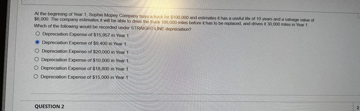 At the beginning of Year 1, Sophie Mopey Company buys a truck for $100,000 and estimates it has a useful life of 10 years and a salvage value of
$6,000. The company estimates it will be able to drive the truck 188,000 miles before it has to be replaced, and drives it 30,000 miles in Year 1.
Which of the following would be recorded under STRAIGHT-LINE depreciation?
O Depreciation Expense of $15,957 in Year 1
O Depreciation Expense of $9,400 in Year 1
O Depreciation Expense of $20,000 in Year 1
O Depreciation Expense of $10,000 in Year 1
O Depreciation Expense of $18,800 in Year 1
O Depreciation Expense of $15,000 in Year 1
QUESTION 2
B
2