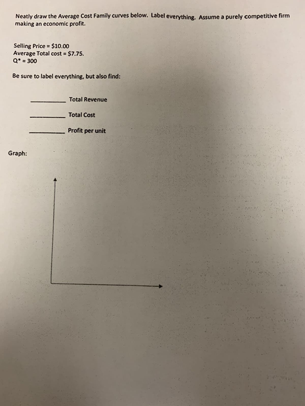 Neatly draw the Average Cost Family curves below. Label everything. Assume a purely competitive firm
making an economic profit.
Selling Price = $10.00
Average Total cost $7.75.
Q* = 300
Be sure to label everything, but also find:
Total Revenue
Total Cost
Profit per unit
Graph:
