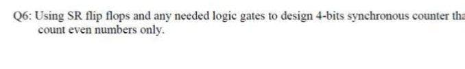 Q6: Using SR flip flops and any needed logic gates to design 4-bits synchronous counter tha
count even numbers only.
