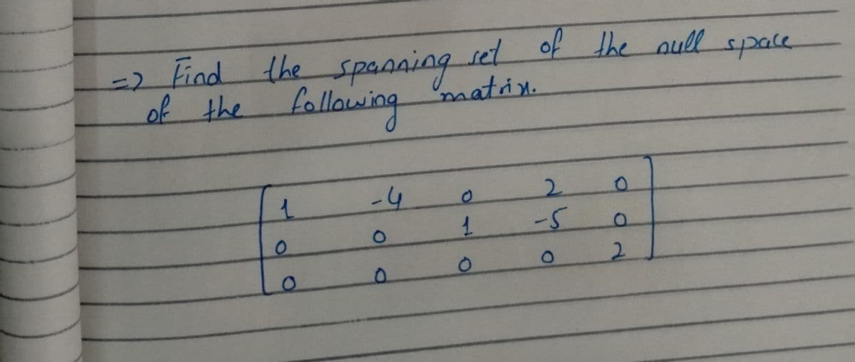 of the null space
-2Find set
matin.
of the following
the spanning
Lallawing
-4
2.
-5
2.
