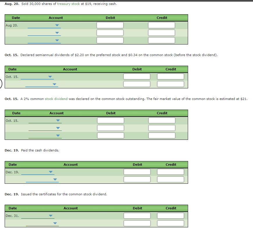 Aug. 20. Sold 30,000 shares of treasury stock at $19, receiving cash.
Date
Account
Debit
Credit
Aug 20.
Oct. 15. Declared semiannual dividends of $2.20 on the preferred stock and $0.34 on the common stock (before the stock dividend).
Date
Account
Debit
Credit
Oct. 15.
Oct. 15. A 2% common stock dividend was declared on the common stock outstanding. The fair market value of the common stock is estimated at $21.
Date
Account
Debit
Credit
Oct. 15.
Dec. 19. Paid the cash dividends.
Date
Account
Debit
Credit
Dec. 19.
Dec. 19. Isued the certificates for the common stock dividend.
Date
Account
Debit
Credit
Dec. 31.
