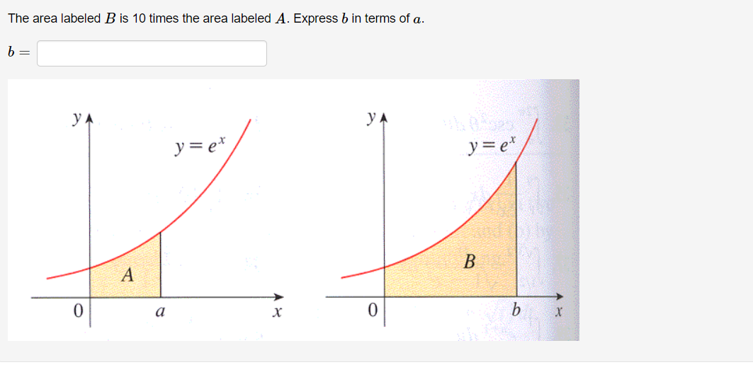 The area labeled B is 10 times the area labeled A. Express b in terms of a.
b =
YA
y = ex
KN
0
YA
0
A
a
y=e*
B
b