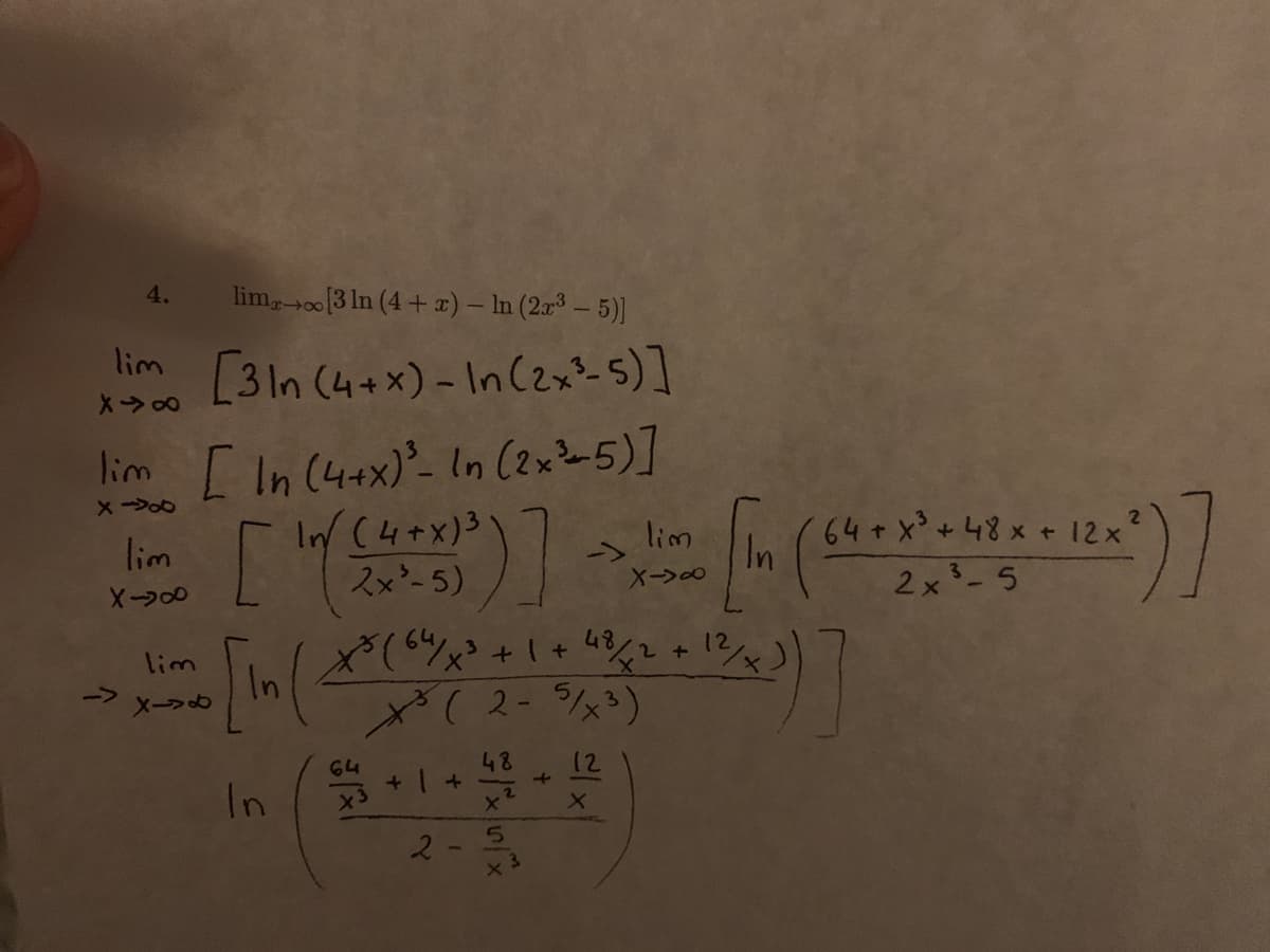 lim, o03 In (4 + ) – In (2° – 5)|
4.
lim
[3ln (4+x)- In (2x?-5)]
lim [ In (4ax)°- In (2x2=5)]
In (4+x)3
2x-5)
64+ x+48x + 12x
In
lim
lim
->
2x- 5
2 +
12
lim
->
In
64
48
12
In
2.
