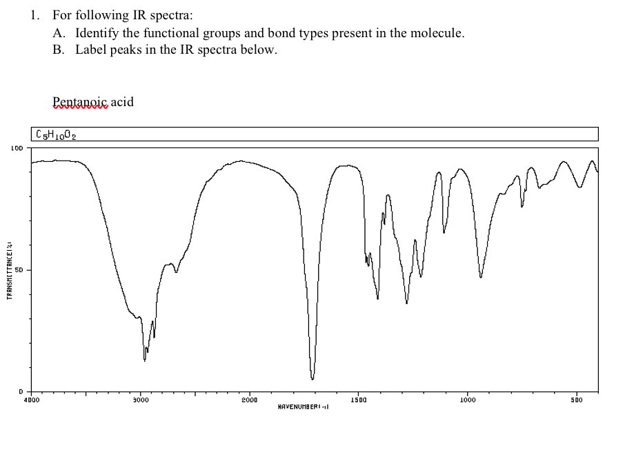 1. For following IR spectra:
A. Identify the functional groups and bond types present in the molecule.
B. Label peaks in the IR spectra below.
Pentanoic acid
CSH1002
LOD
4000
3000
2000
1500
1000
500
HAVENUMBERI -1l
TRANSMETTANCEI2I
